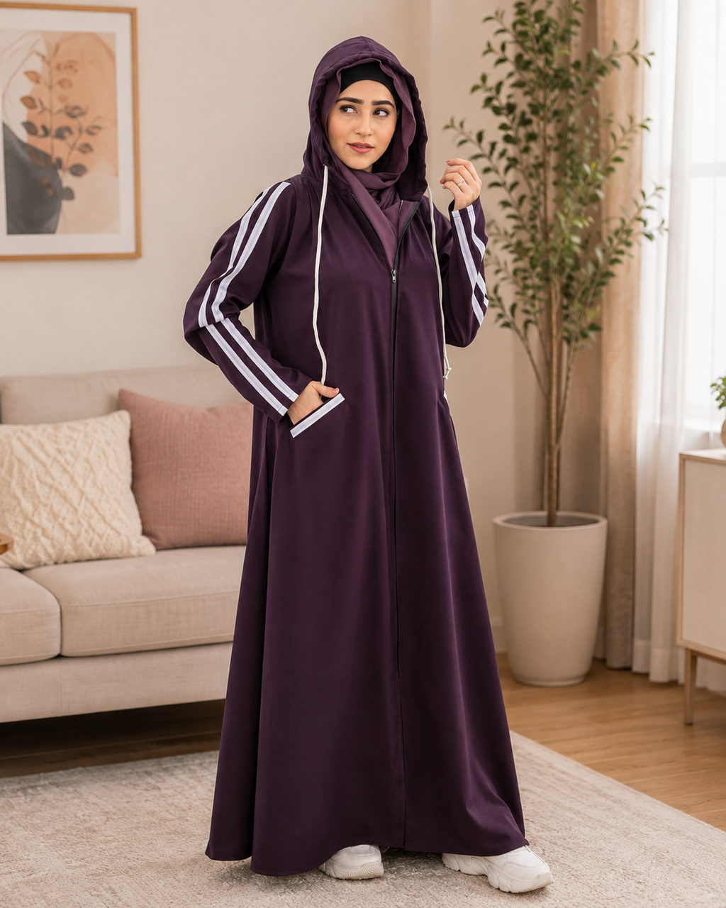 Women Hooded Abaya Side Strip Double Fleece Long Coat