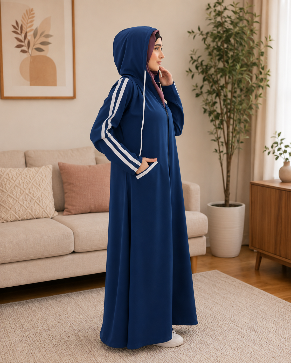 Women Hooded Abaya Side Strip Double Fleece Long Coat