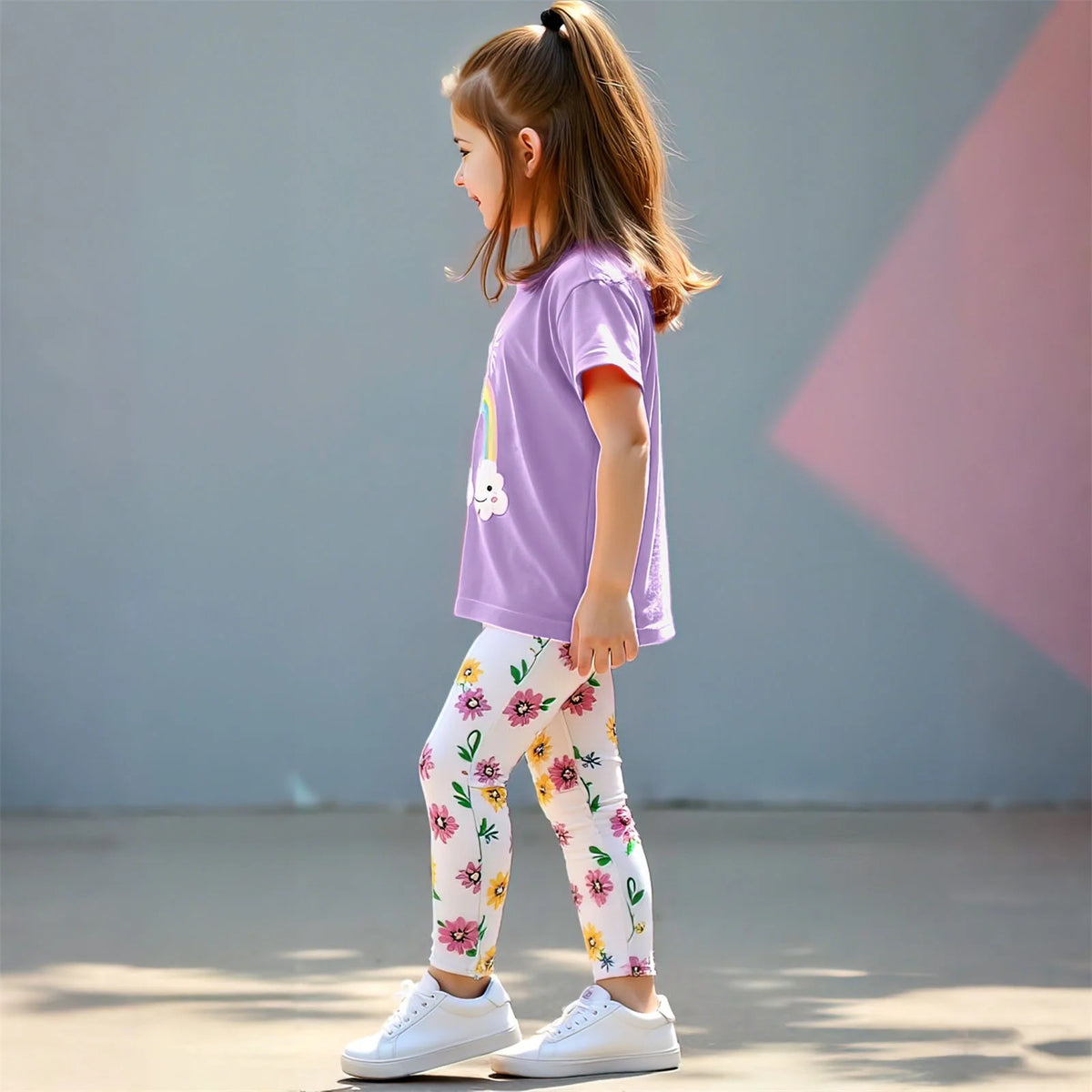 2-Piece Purple Casual Outfits Floral Cute Cotton Suit For Girls