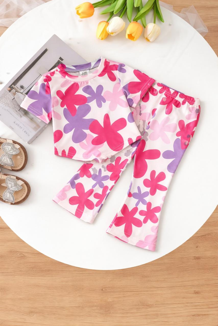 2 Pcs Baby Girl Floral Printed Knit Suit Set Baby Girls Summer Outfit